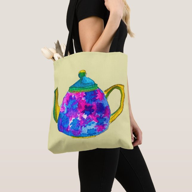 Whimsical watercolor teapot tote bag (Close Up)