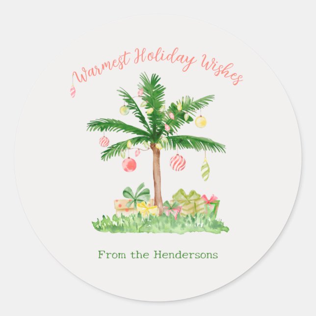 Whimsical Watercolor Tropical Christmas Lights Classic Round Sticker (Front)