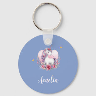 Whimsical Watercolor Unicorn Gold Butterflies Key Ring