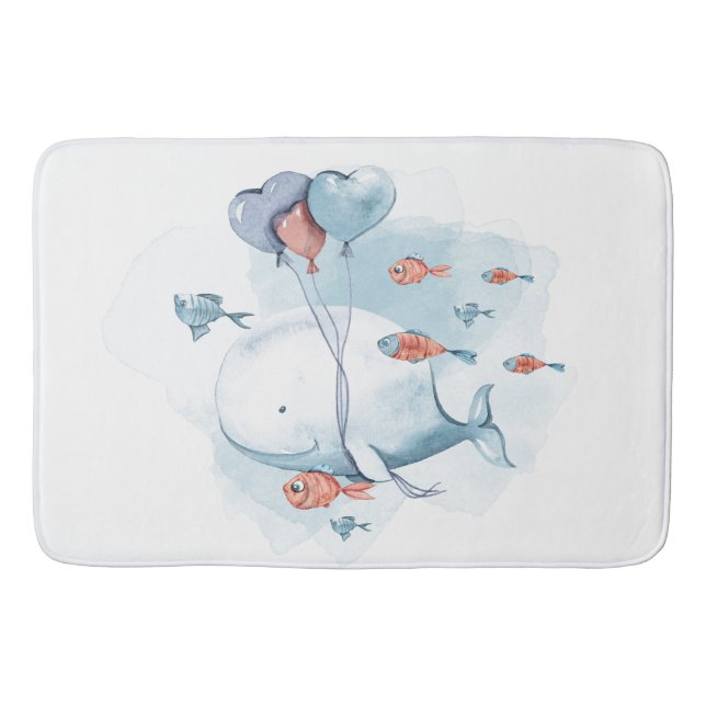 Whimsical Watercolor Whale and Fishes  Bath Mat (Front)