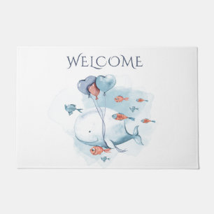 Whimsical Watercolor Whale and Fishes   Doormat