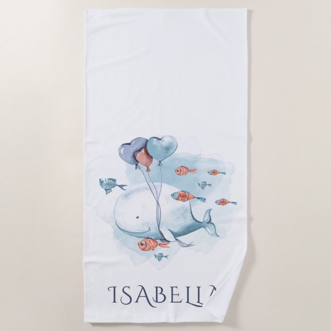 Whimsical Watercolor Whale and Fishes Personalised Beach Towel (Front)