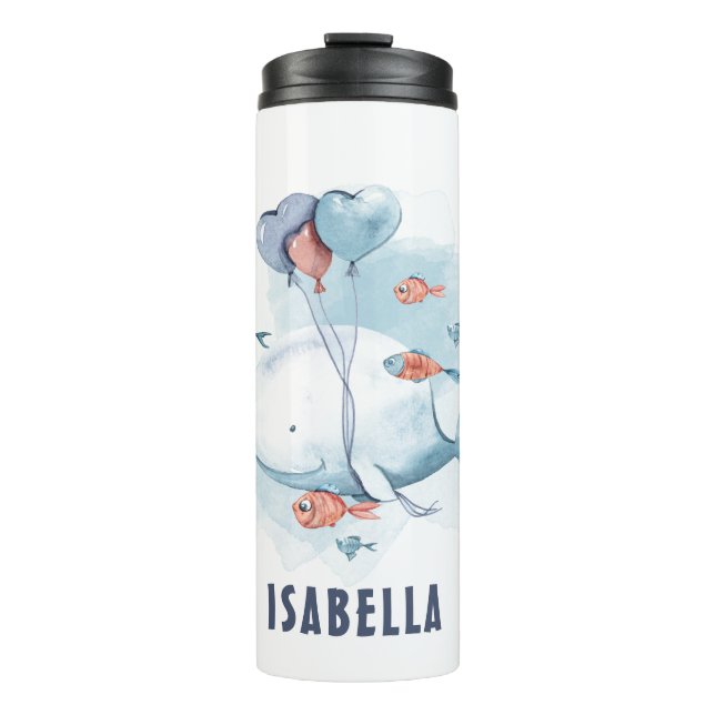 Whimsical Watercolor Whale and Fishes Thermal Tumbler (Front)