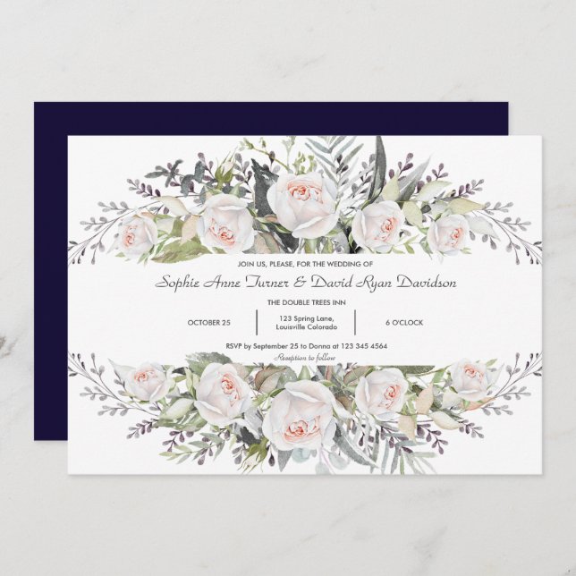 Whimsical Watercolor White Flowers Frame Wedding Invitation (Front/Back)