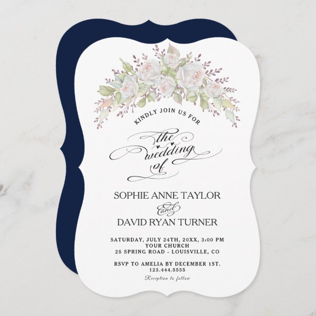 Whimsical Watercolor White Pink Roses Wedding Invitation (Front/Back)