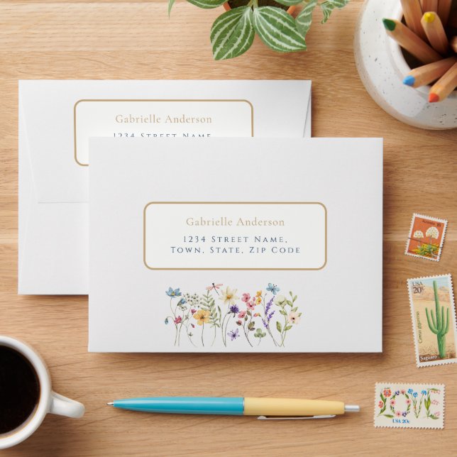 Whimsical Watercolor Wildflowers Gold Wedding  Envelope (Desk)