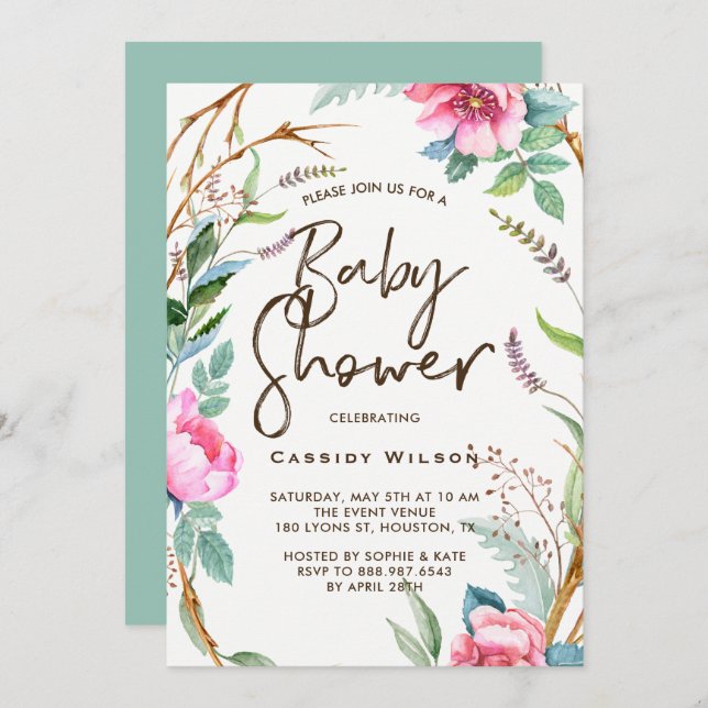 Whimsical Watercolor Wreath Baby Shower Invitation (Front/Back)