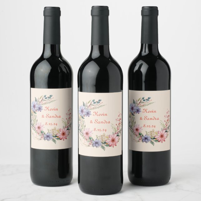 Whimsical Watercolor Wreath Wine Label (Bottles)