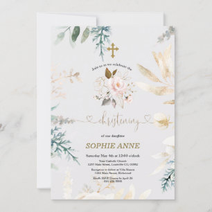 Whimsical Watercolour Pink Floral Gold Christening Invitation