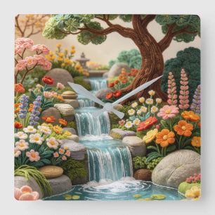 Whimsical Waterfall Garden – Embroidered Style Square Wall Clock
