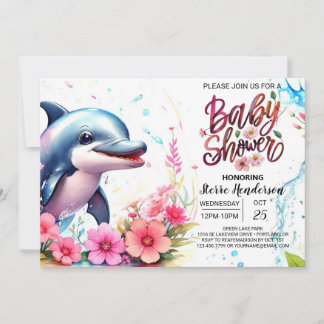 Whimsical Waves Dolphin Girl Baby Shower Invitation