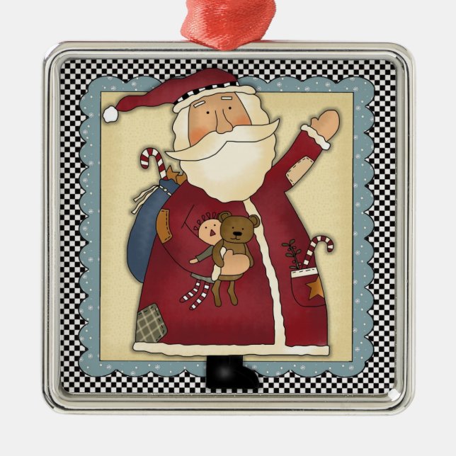 Whimsical Waving Santa Folk Art Christmas Gift Metal Ornament (Front)