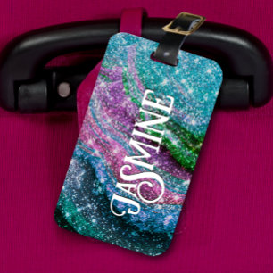 Whimsical wavy blue purple Glitter monogram Luggage Tag