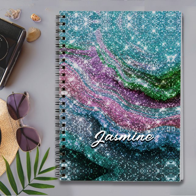 Whimsical wavy blue purple Glitter monogram Notebo Notebook (Creator Uploaded)
