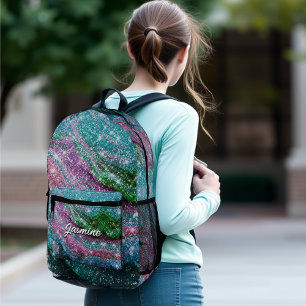 Whimsical wavy blue purple Glitter monogram Notebo Printed Backpack