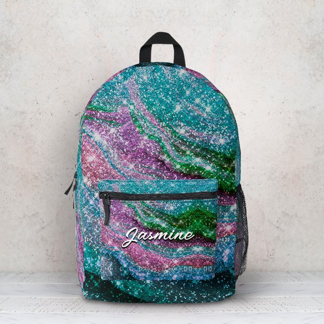 Whimsical wavy blue purple Glitter monogram Notebo Printed Backpack (Creator Uploaded)