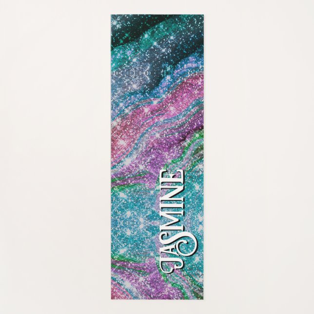 Whimsical wavy blue purple Glitter monogram Yoga Mat (Front)