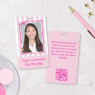 Whimsical Wavy Bow Frame Pink Stripes Photo ID Badge