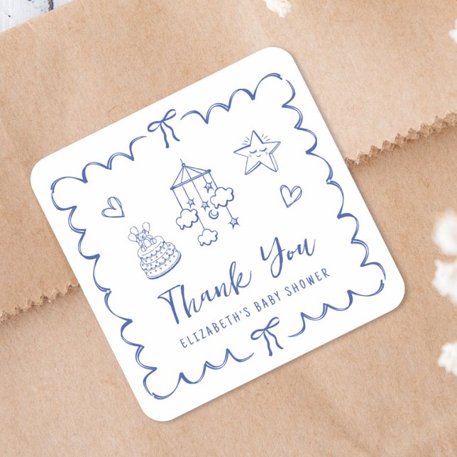 Whimsical Wavy Frame Baby Boy Shower Thank You Square Sticker (Creator Uploaded)