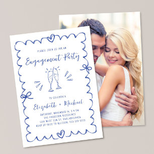 Whimsical Wavy Frame Blue Photo Engagement Party Invitation