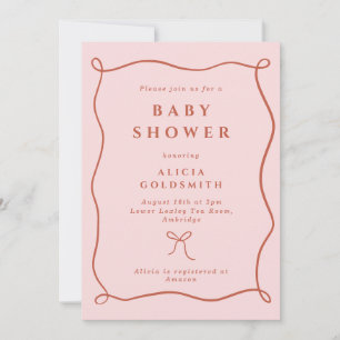 Whimsical Wavy Frame & Bow Pink Baby Shower Invitation