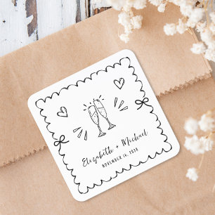 Whimsical Wavy Frame Champagne Toast Wedding Square Sticker