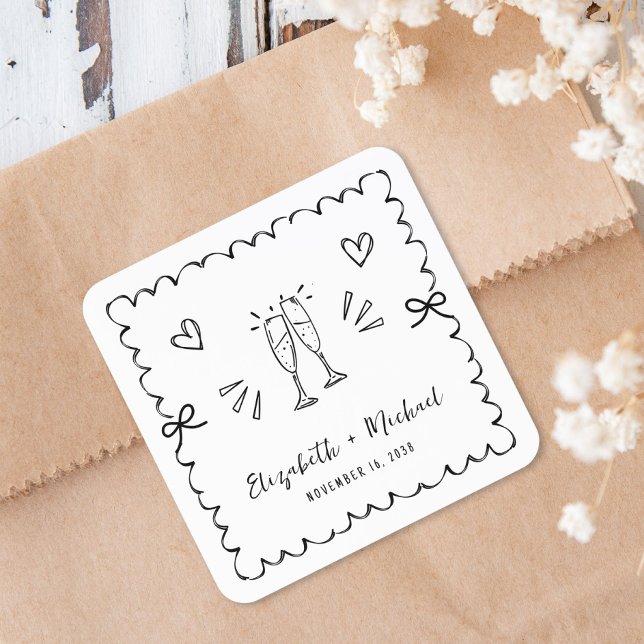 Whimsical Wavy Frame Champagne Toast Wedding Square Sticker (Creator Uploaded)
