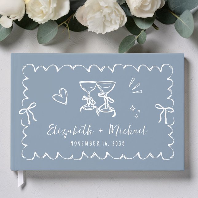 Whimsical Wavy Frame Hand Drawn Dusty Blue Wedding Guest Book (Whimsical Wavy Frame Hand Drawn Sage Green Wedding Guest Book)