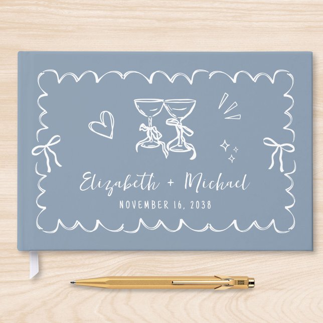 Whimsical Wavy Frame Hand Drawn Dusty Blue Wedding Guest Book (Creator Uploaded)