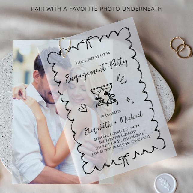 Whimsical Wavy Frame Overlay Engagement Party Vellum Invitations (Elevate your engagement party invitations with chic vellum overlays)