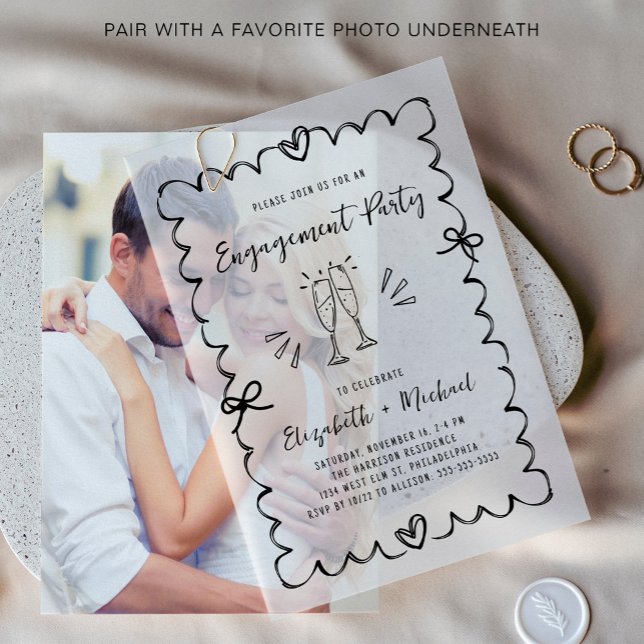Whimsical Wavy Frame Overlay Engagement Party Vellum Invitations (Elevate your engagement party invitations with chic vellum overlays)