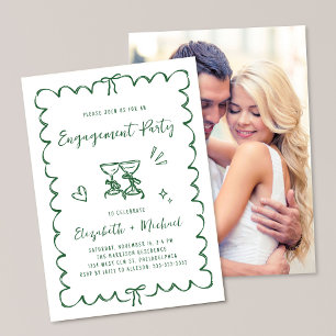 Whimsical Wavy Frame Photo Green Engagement Party Invitation
