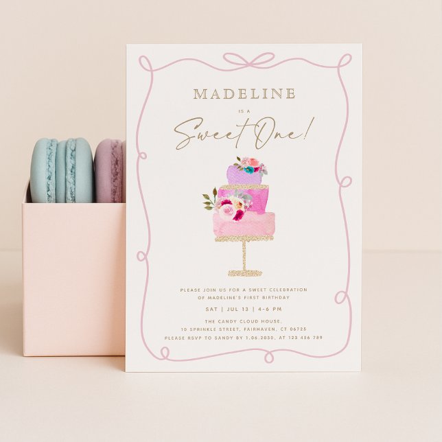 Whimsical Wavy Frame Pink Cake First Birthday  Invitation (Creator Uploaded)