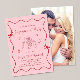 Whimsical Wavy Frame Pink Photo Engagement Party Invitation
