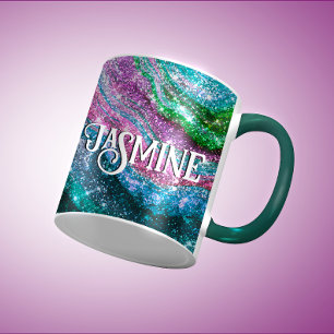 Whimsical wavy green pink Glitter monogram Mug