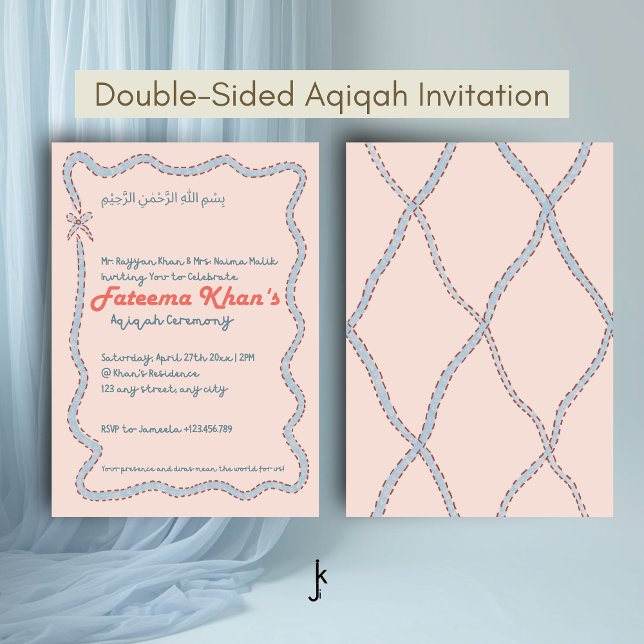 Whimsical wavy of Blush Pink and Soft Blue Aqiqah Invitation (Creator Uploaded)
