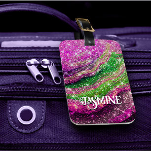 Whimsical wavy pink green Glitter monogram Luggage Tag