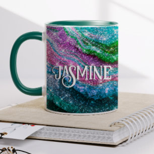 Whimsical wavy pink green Glitter monogram Mug