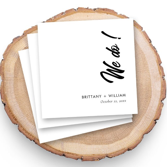 Whimsical 'We Do' Script Personalised Wedding Napkin (Personalized wedding napkins with whimsical "We Do!" script and couple names, white background)