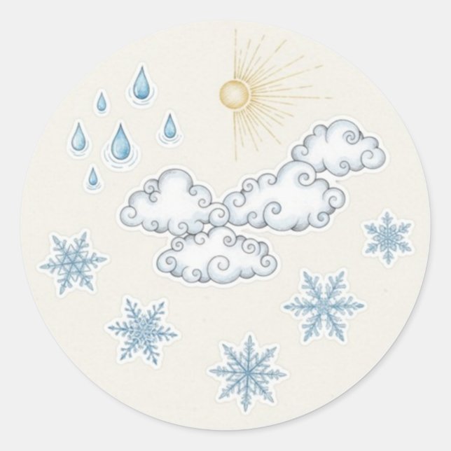 Whimsical Weather Icons – Sun Clouds Rain and Snow Classic Round Sticker (Front)