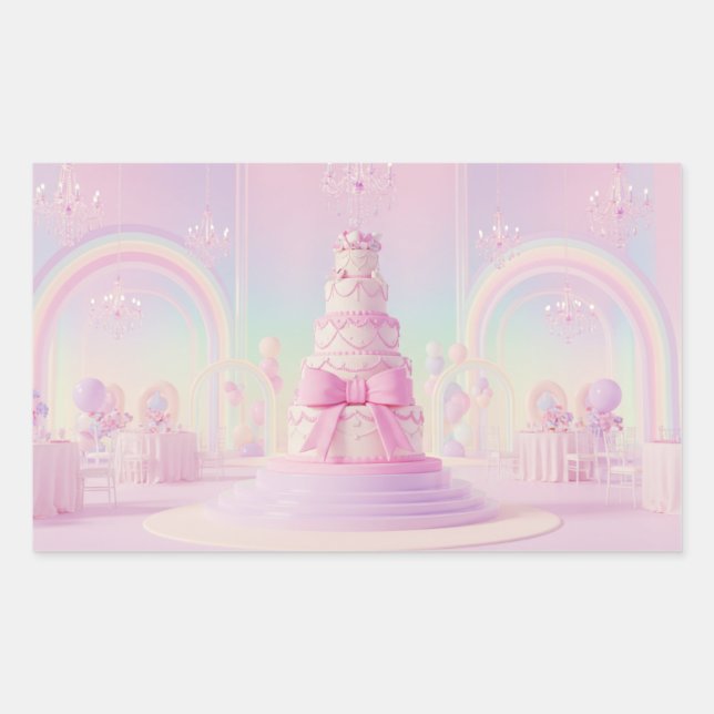 Whimsical Wedding Cake with Oversized Bow Rectangular Sticker (Front)