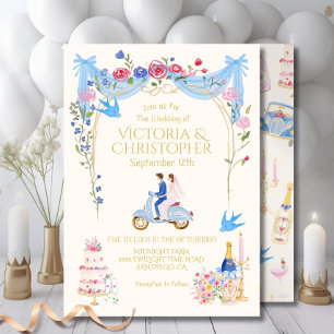 Whimsical Wedding Couple Italian scooter Invitation