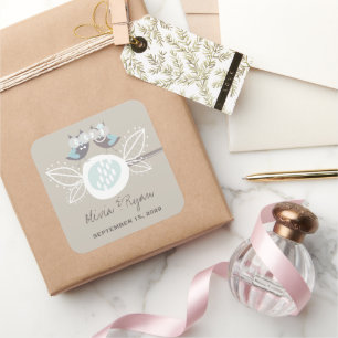 Whimsical Wedding Cute Owls On Branch Blue Sticker