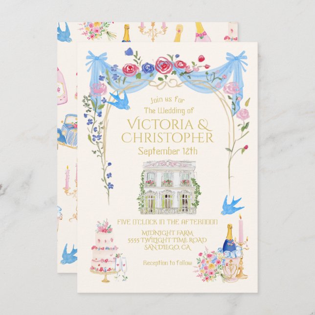 Whimsical Wedding French Chateau Mansion Invitation (Front/Back)