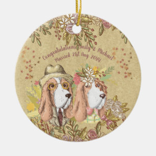 Whimsical Wedding Gift Basset Hound Bride Groom Ceramic Ornament