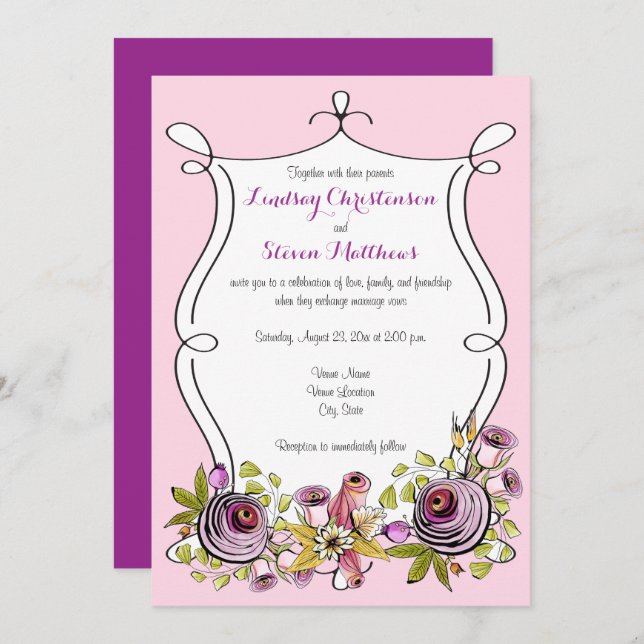 Whimsical Wedding Invitation | Watercolor Florals (Front/Back)