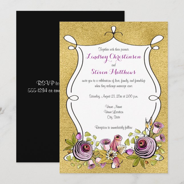 Whimsical Wedding Invite | FAUX Gold Foil, Flowers (Front/Back)