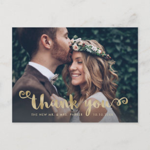 Whimsical Wedding Photo Faux Gold Script Thank You Postcard