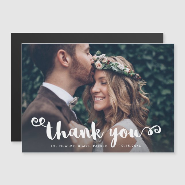 Whimsical Wedding Photo | White Script Thank You Magnetic Invitation (Front/Back)