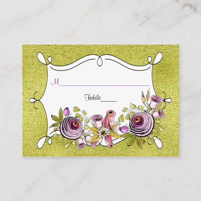 Whimsical Wedding Place Card | FAUX Green Foil (Front)